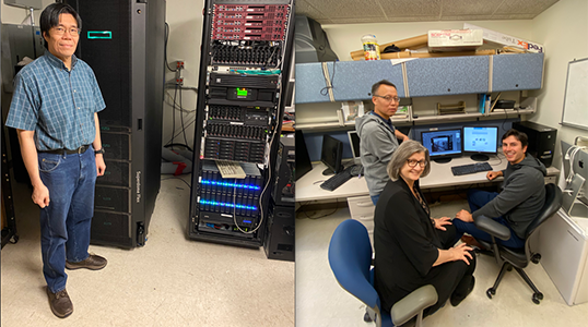 (left) Mr. Chun-Wai Chan and MEL (the short name of the computer: “Protected Radiomics Analysis Commons for Deep Learning in Biomedical Discovery”); (right) Dr. Hui Li, Dr. Maryellen Giger, and Mr. Joseph Cozzi. Courtesy of Dr. Giger, The University of Chicago.