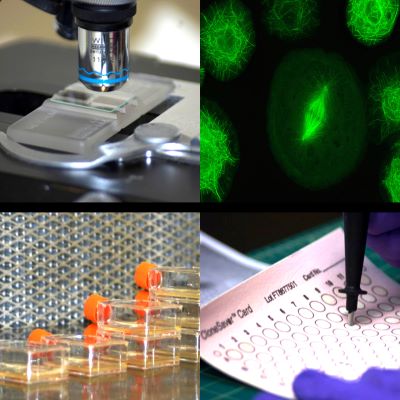 a collage of scientific images including a microscope, sample vials, and a CloneSaver Card
