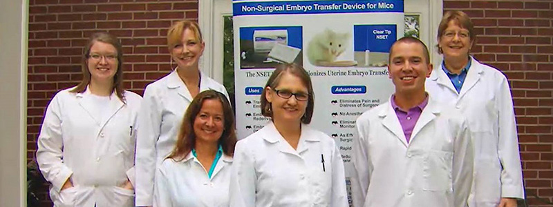With the support of ORIP’s small business programs, a group of scientist entrepreneurs, led by Drs. A. Fath-Goodin (center) and B. Stone (third from left), brought to the marketplace a Nonsurgical Embryo Transfer (NSETTM) device that provides an alternative to surgical methods and reduces pain and distress from assisted reproductive techniques used in laboratory animals (i.e., rodents).