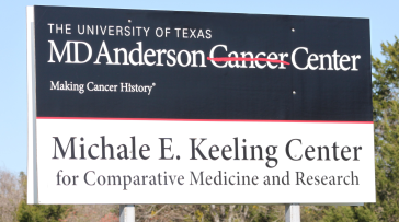 Front gate sign. The University of Texas. MD Anderson Cancer Center. Making Cancer History, Michale E. Keeling Center for Comparative Medicine and Research. 