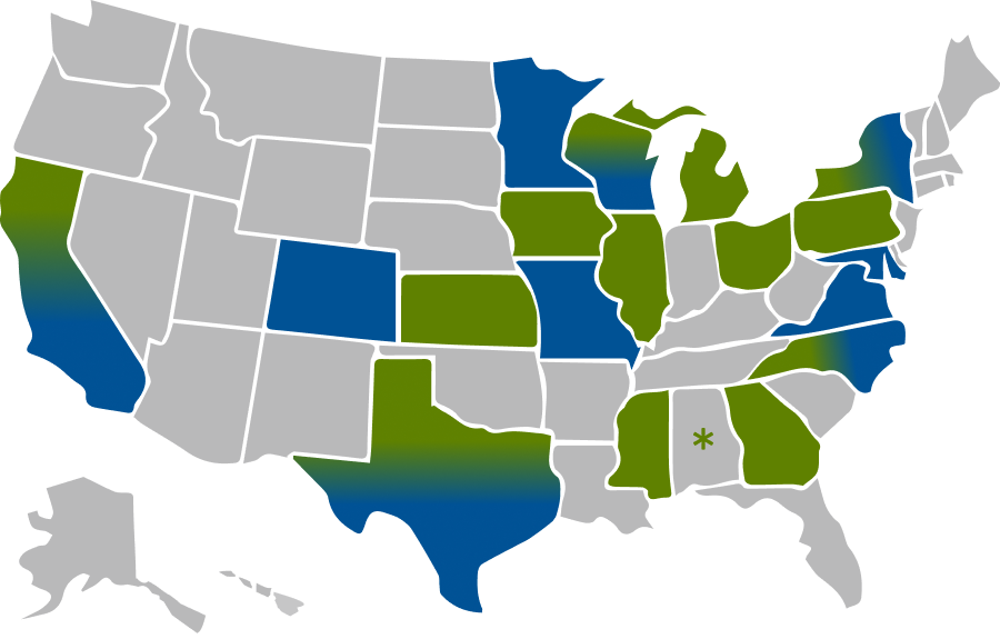 US Map with T32 and T35 awarded states highlighted