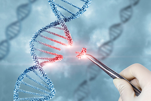 An image of a gloved hand removing a segment of DNA from a double helix using tweezers.