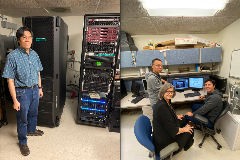 (left) A man stands in front of a high-performance computing system at The University of Chicago. (right) Three scientists gather in front of a computer monitor in a laboratory at The University of Chicago.