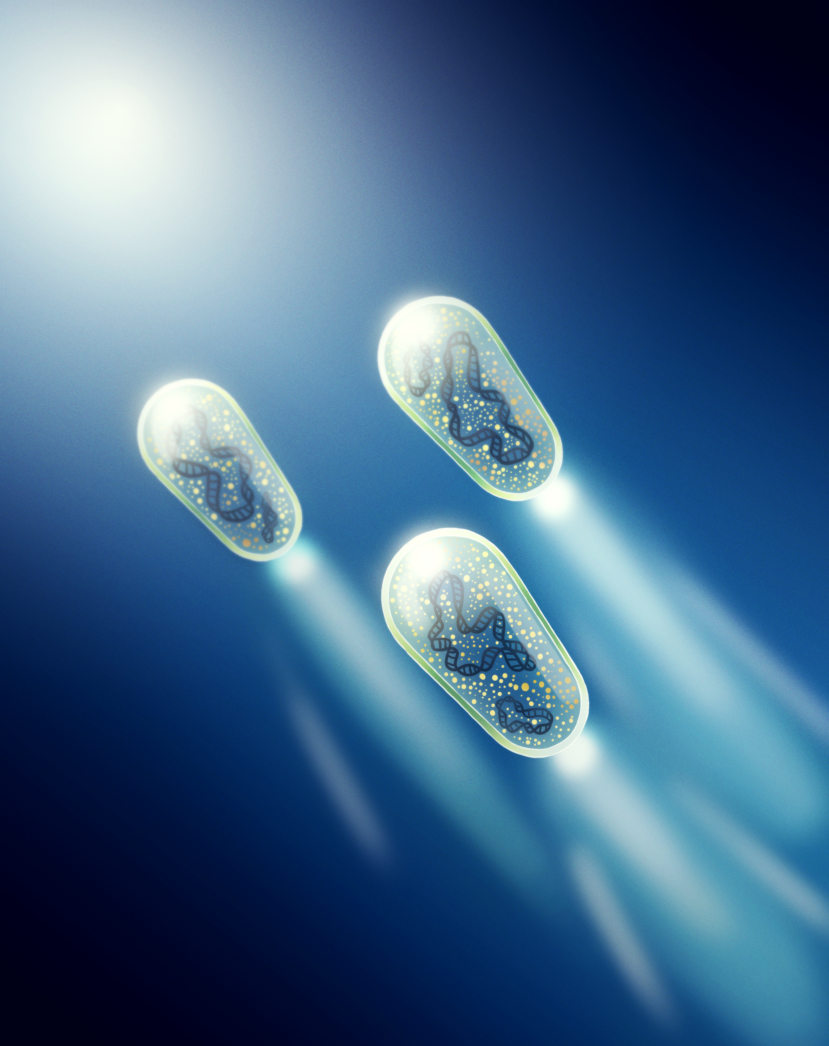 An illustration of three glowing, capsule-shaped microscopic devices floating in a dark blue environment. Each capsule contains intricate internal structures and emits bright beams of light, giving the impression of motion through a fluid-like space.