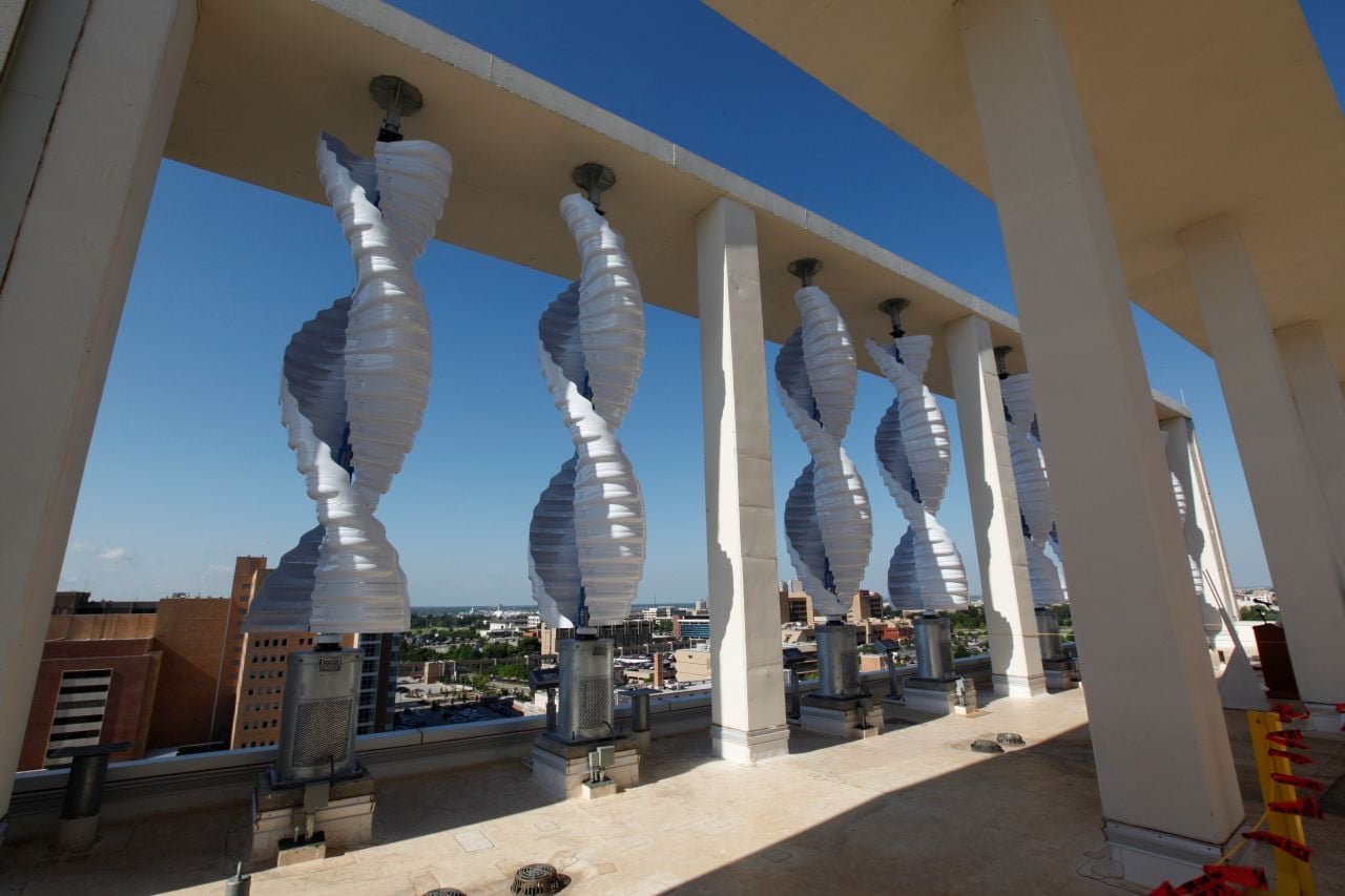 Custom wind turbines in the shape of a double helix.